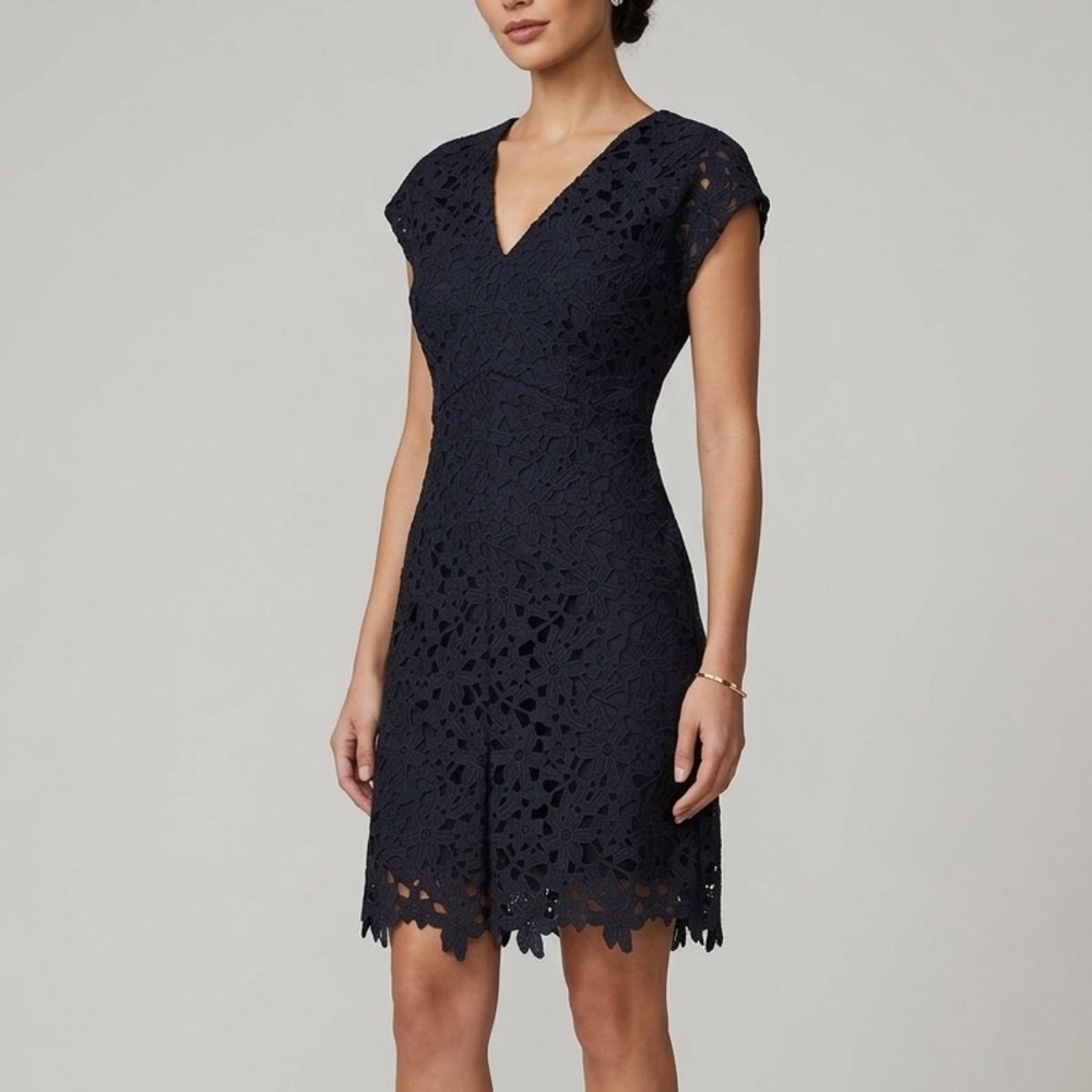 Banana Republic Floral Lace V-Neck Dress Size 10 Navy Lined Pockets Formal Party